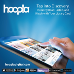 Hoopla promotion, hand tapping an icon on a digital tablet