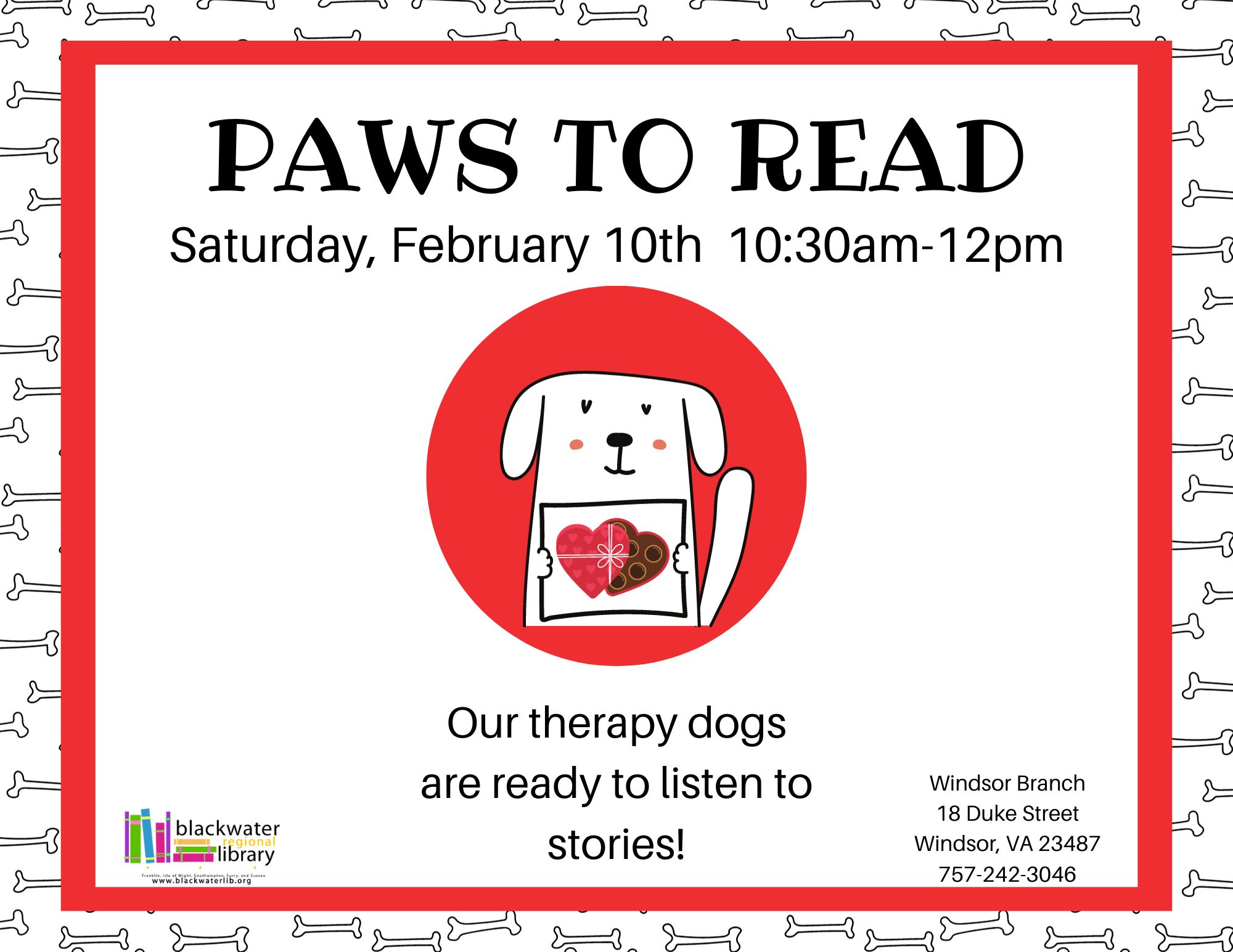 Paws to Read in Windsor featuring a cute white dog holding Valentines.