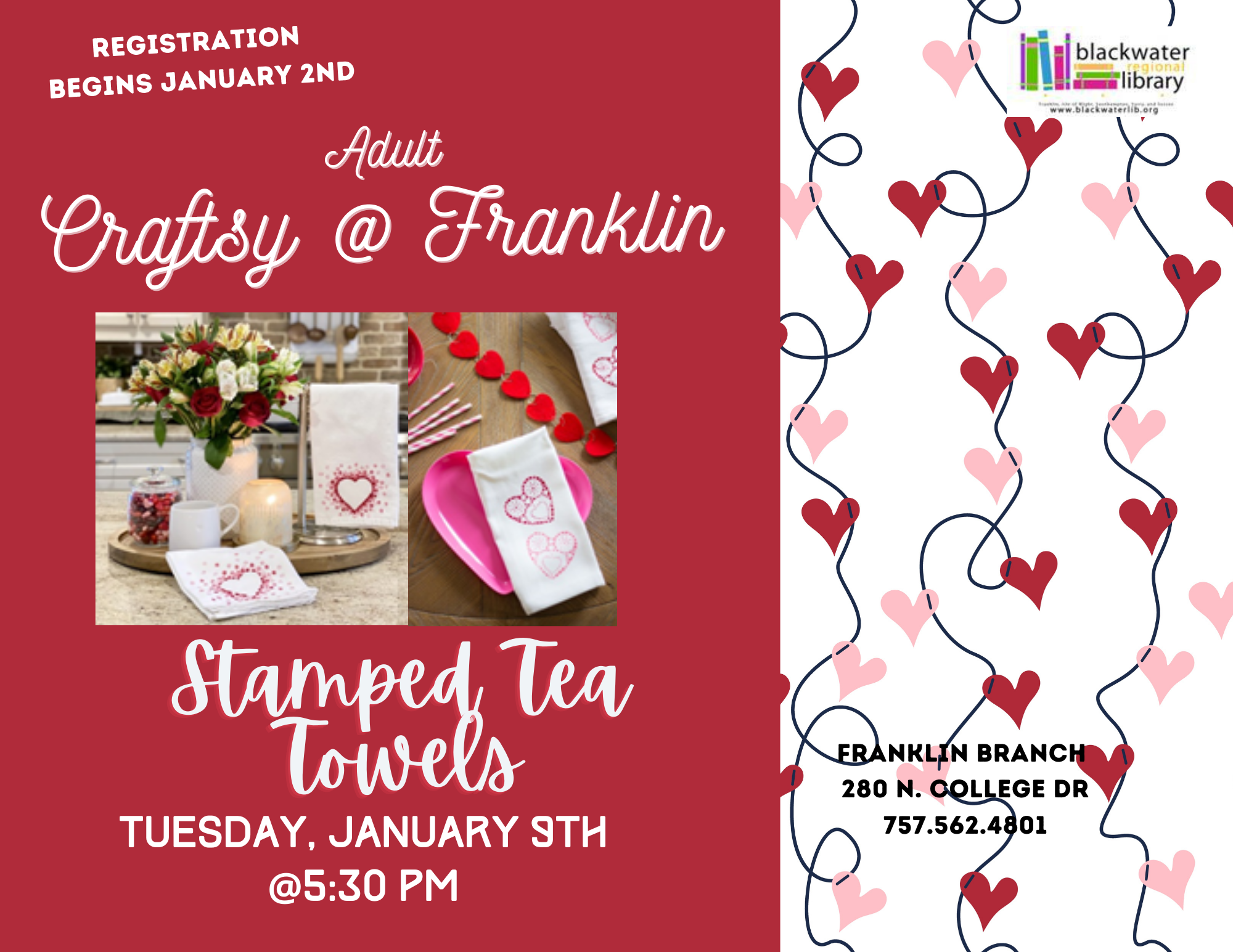 Craftsy participants will create stamped tea towels at January's program. Due to the potential for severe weather, this program has been moved to January 16, 2024.