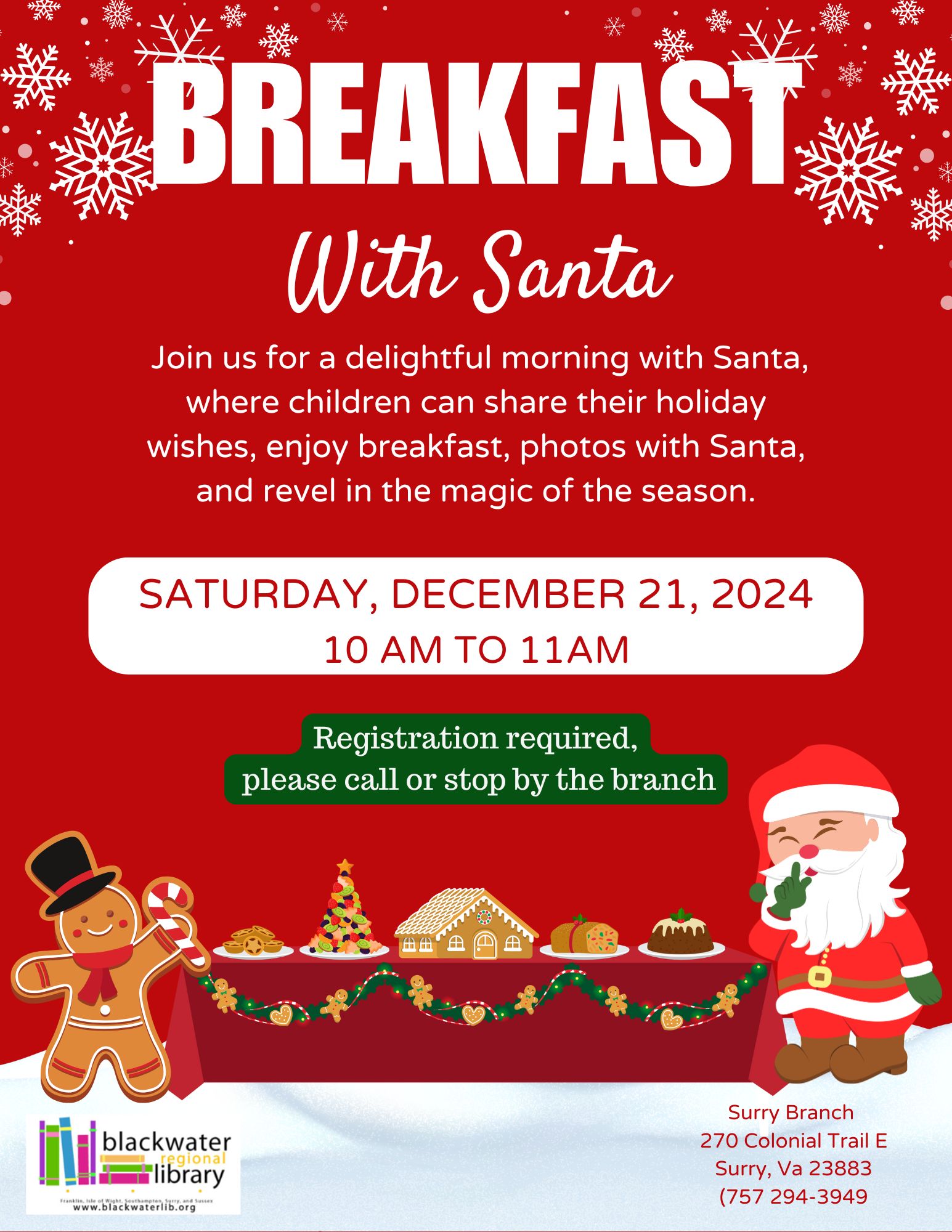 Santa visits the Surry Branch for Breakfast and photos Saturday, December 21, 2024