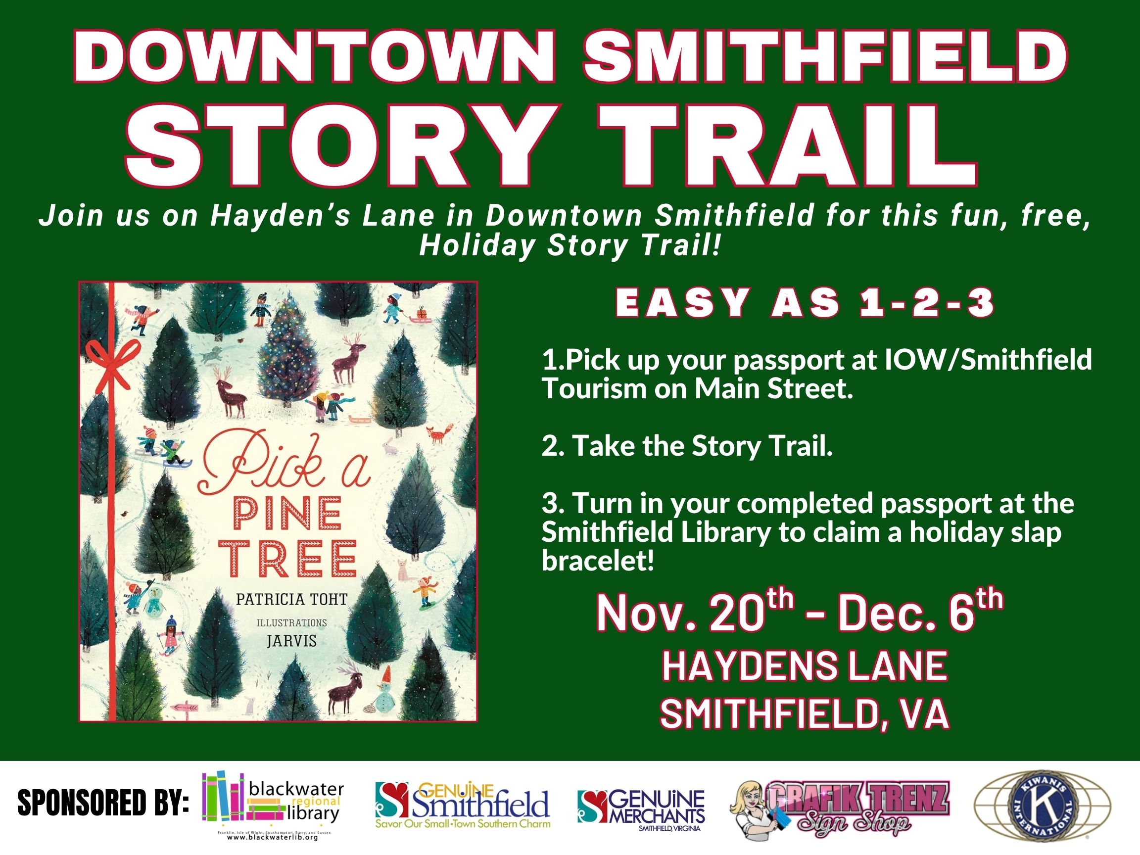 Downtown Smithfield Story Trail flyer in green with a photo of the featured book highlighting a snowy landscape and evergren trees.