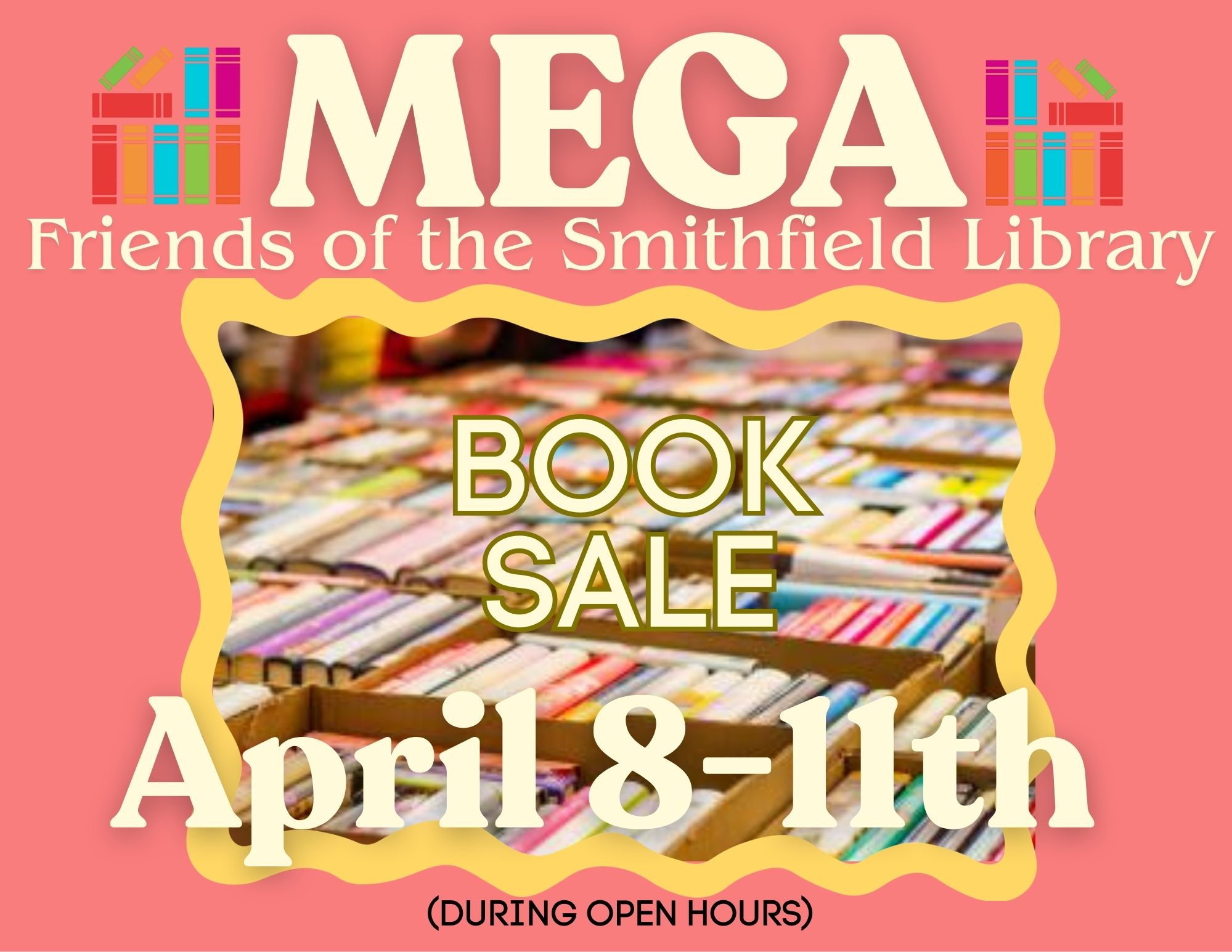 Flyer is pink with a framed photo of a table full of books.