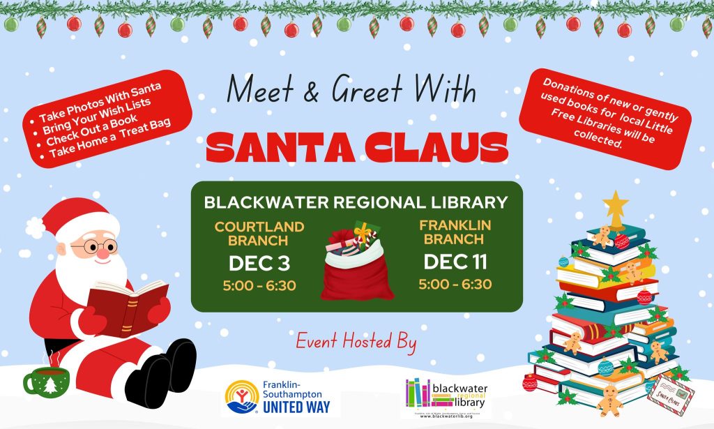 Flyer featuring Santa and a stack of books to promote Santa's visit to the library