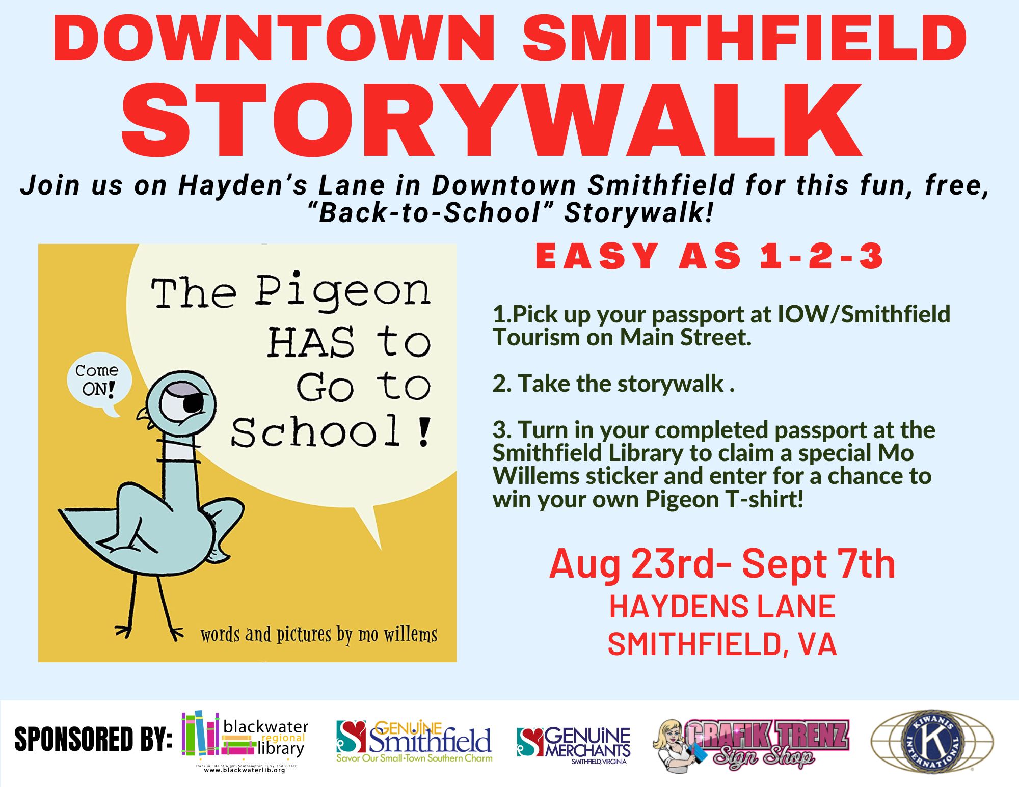 Flyer features the book cover The Pigeon Has to Go to School by Mo Willems.