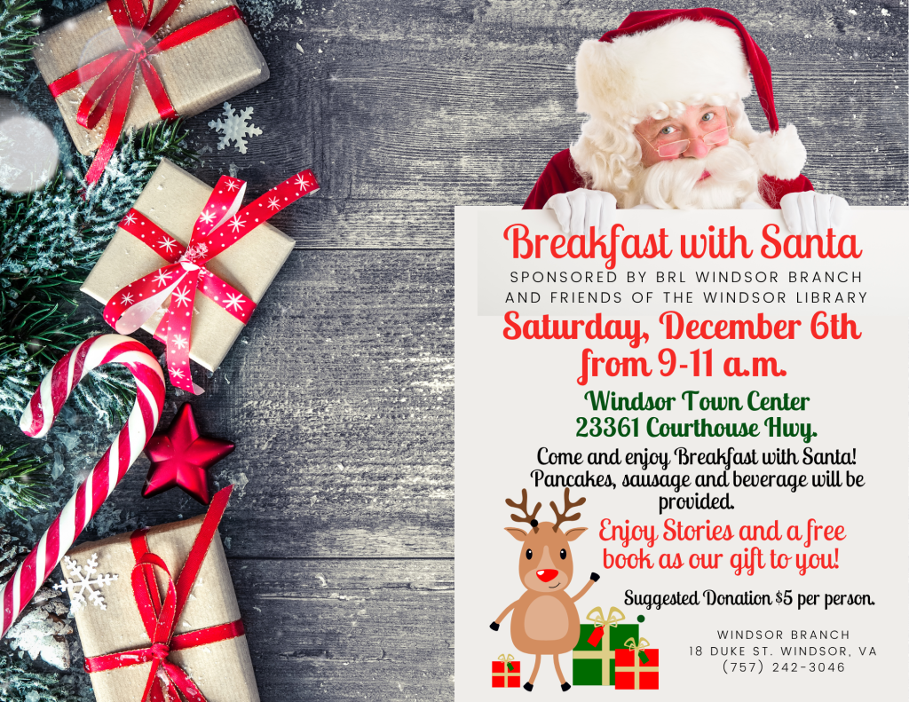 Breakfast with Santa flyer features a wood plank background, wrapped gifts, and Santa peeking out at you.