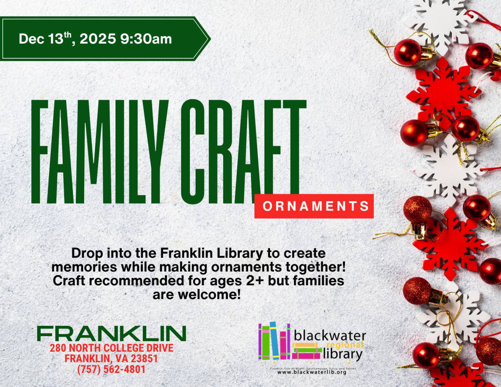 Family holiday ornament craft flyer. White background with red and white snowflakes and red christmas ball ornaments.