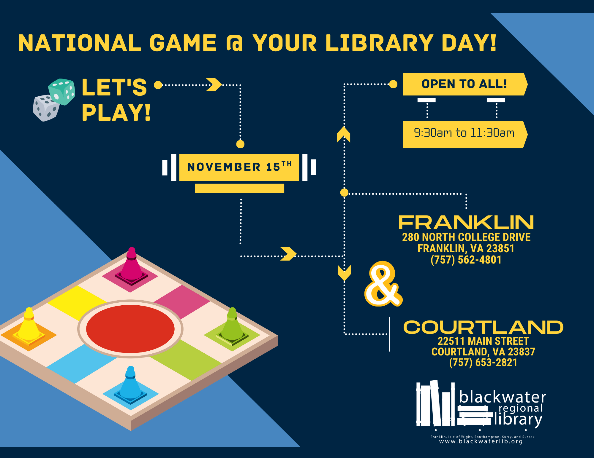 National Game Day flyer with a board game and dice