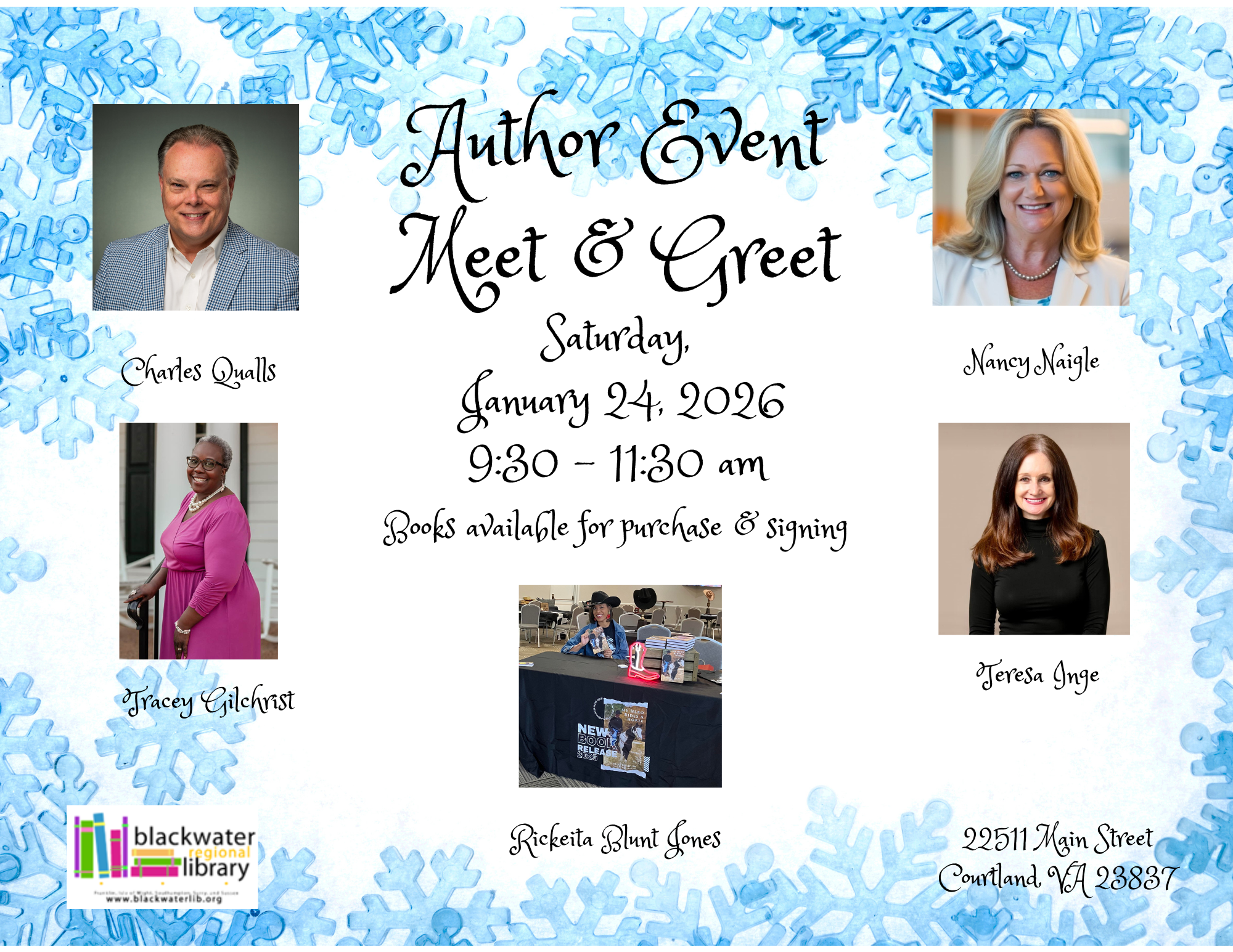 Author Meet and Greet flyer with a snowflake background and photos of authors Charles Qualls, Nancy Naigle, Tracey Gilchrist, Teresa Inge and Rickeita Blunt Jones