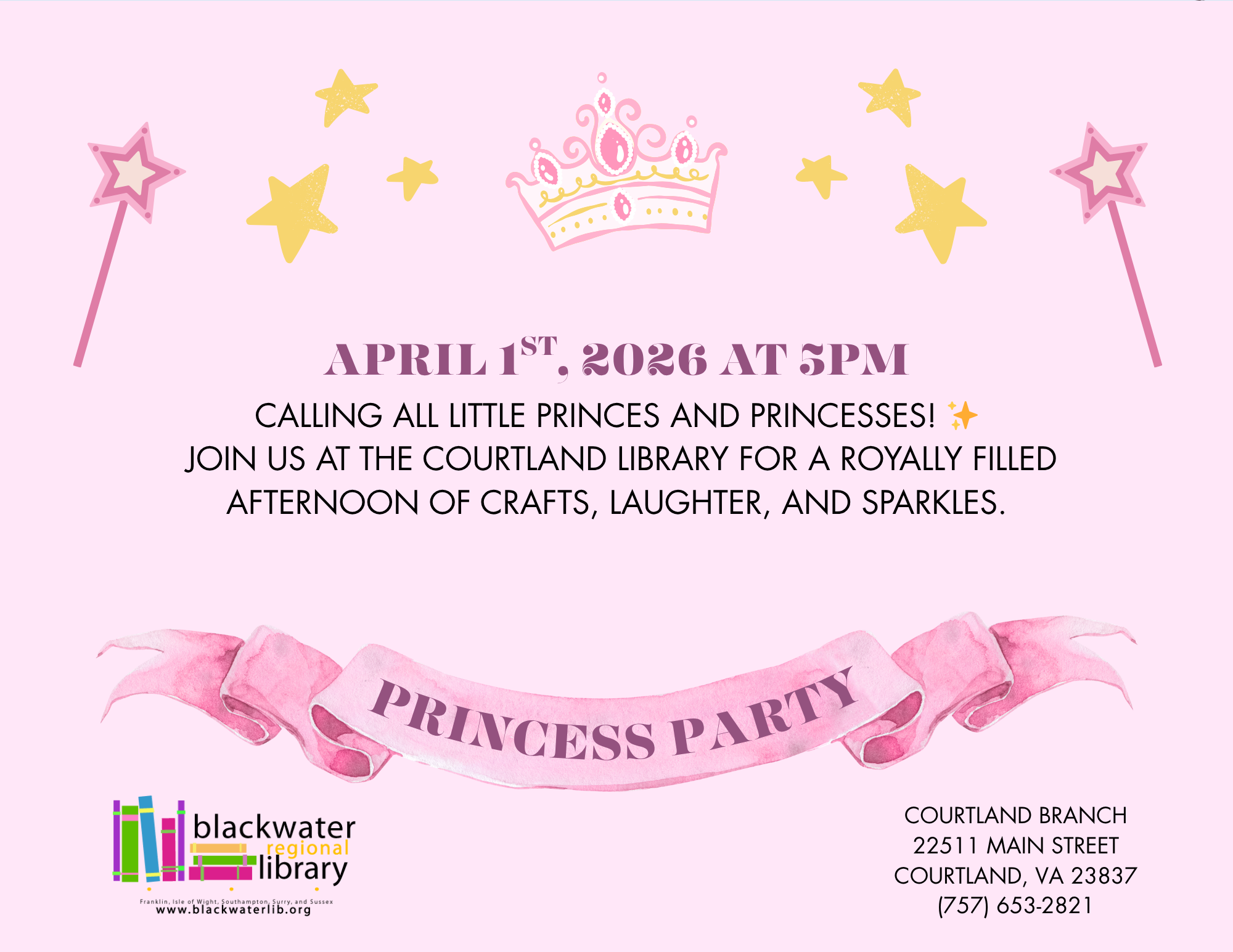 Pink informational flyer with pink star wands, yellow stars and a tiara.