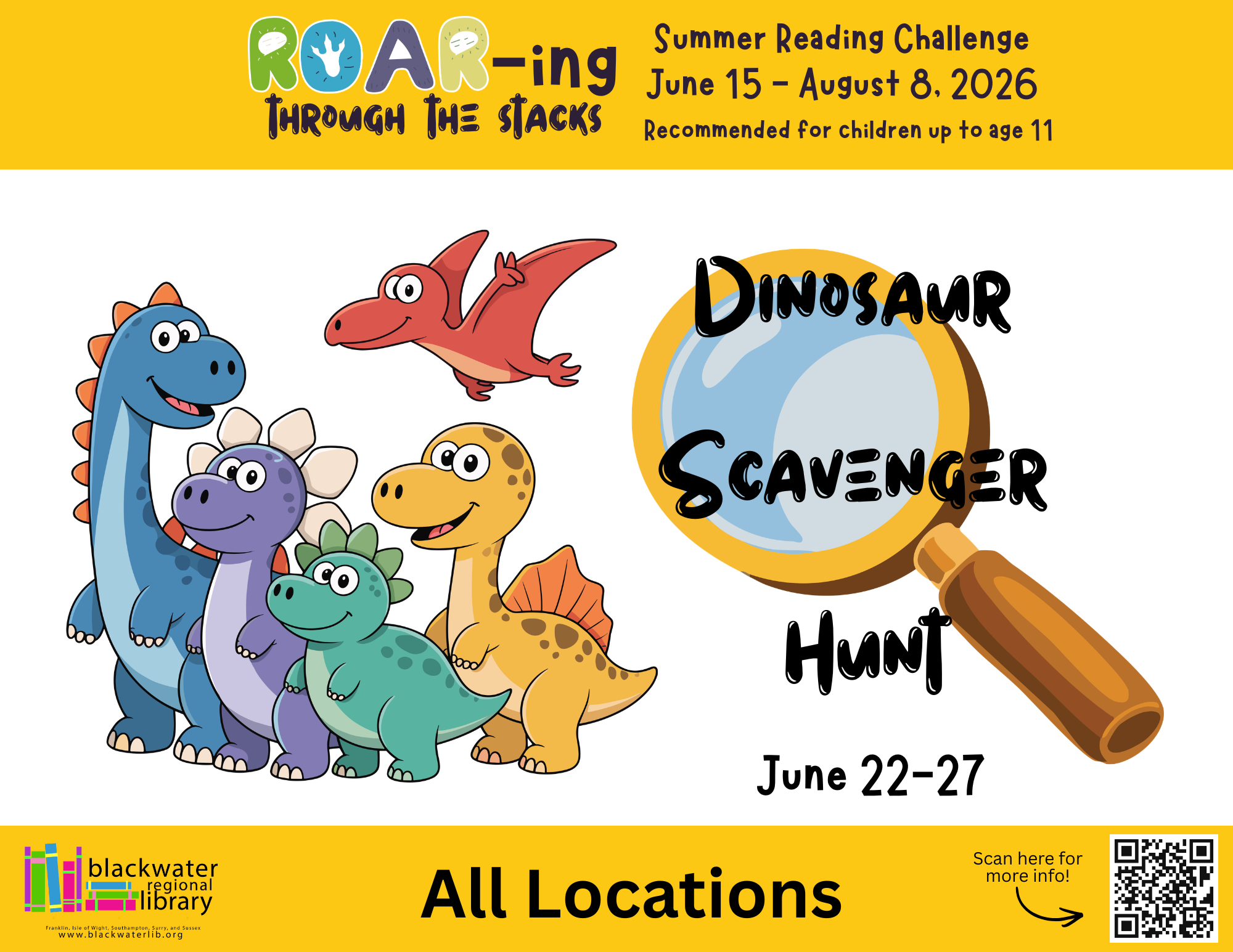 Dinosaurs and a magnifying glass announce the upcoming scavenger hunt