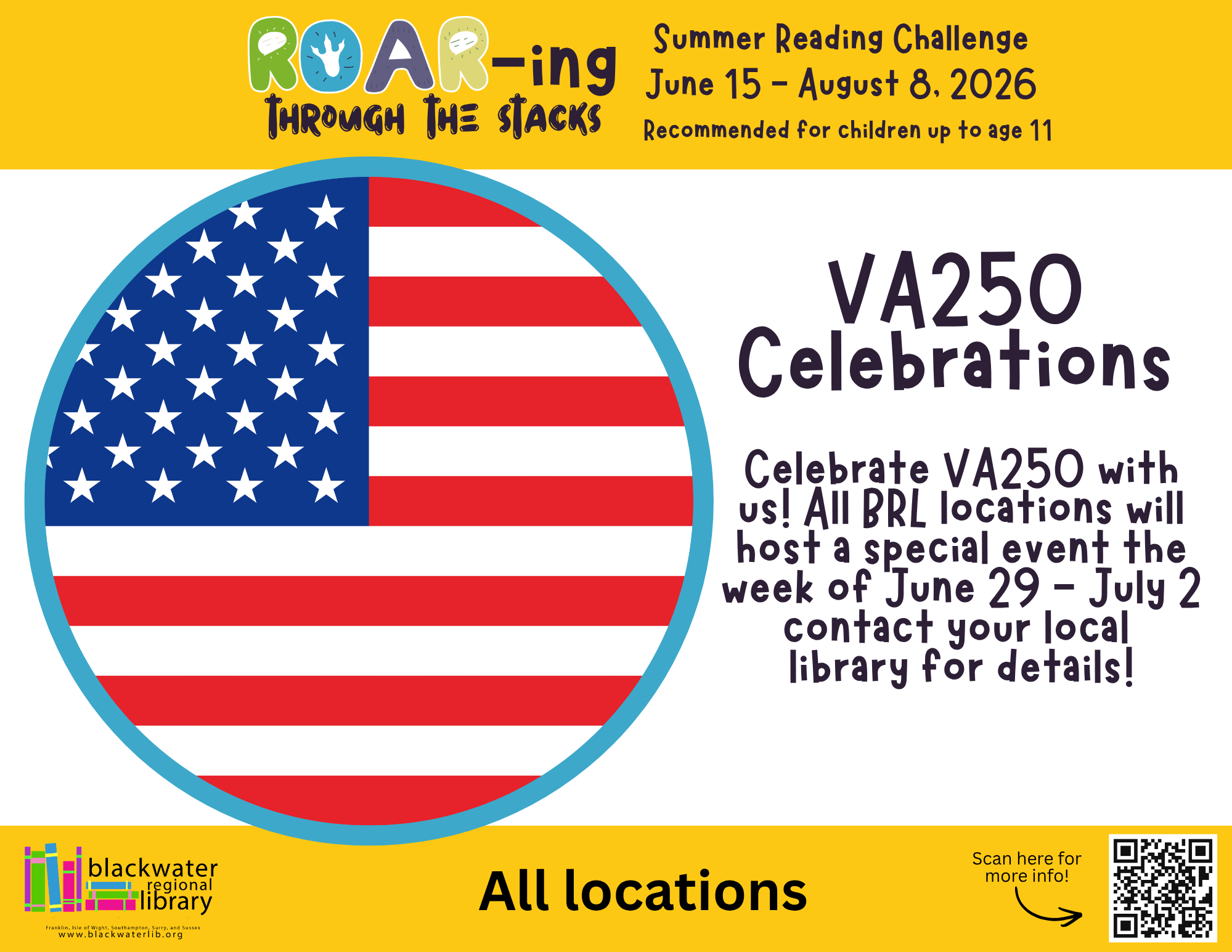 Flyer featuring the American Flag and announcing VA250 celebrations at BRL