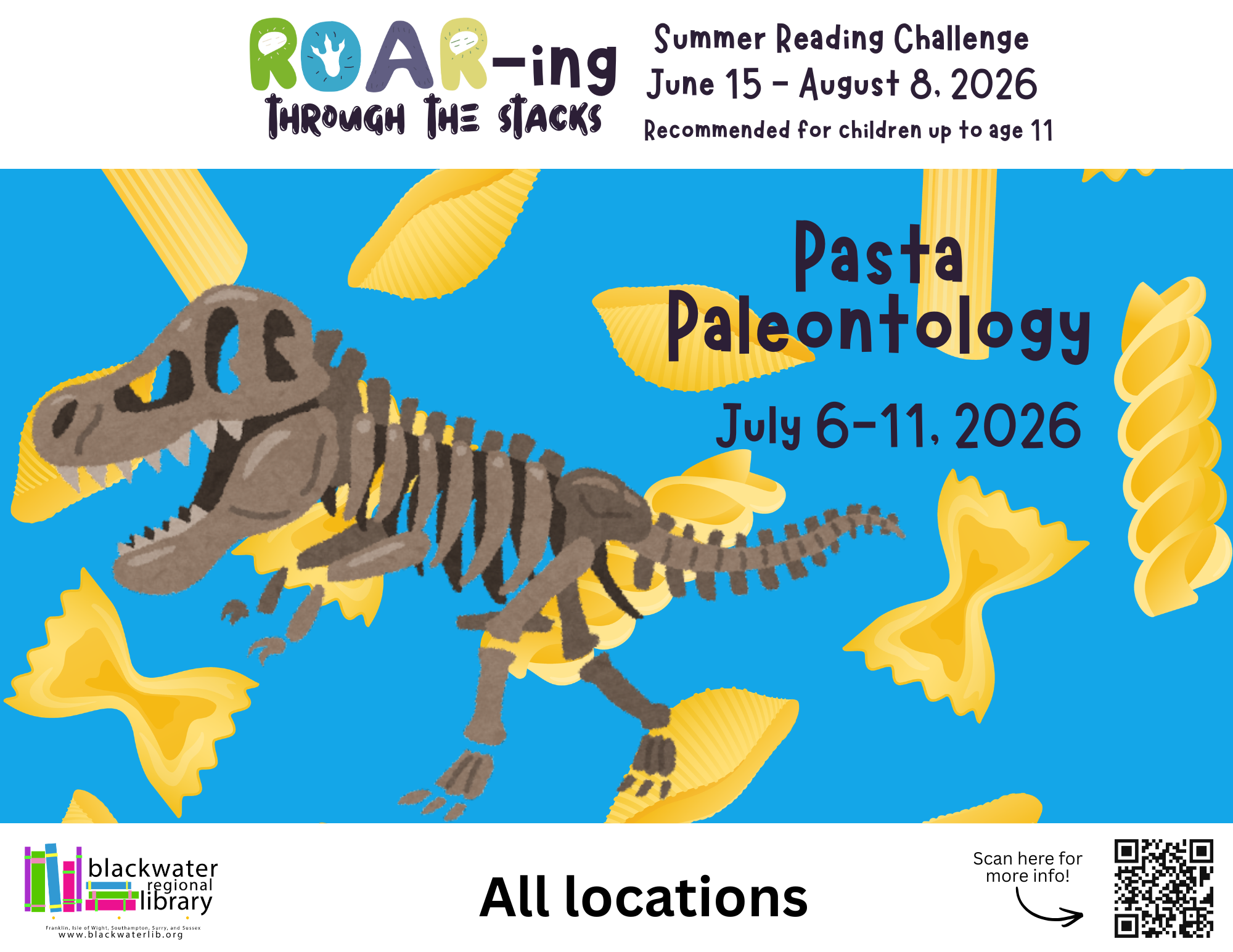 Flyer promoting Pasta Paleontology summer art at all locations of BRL