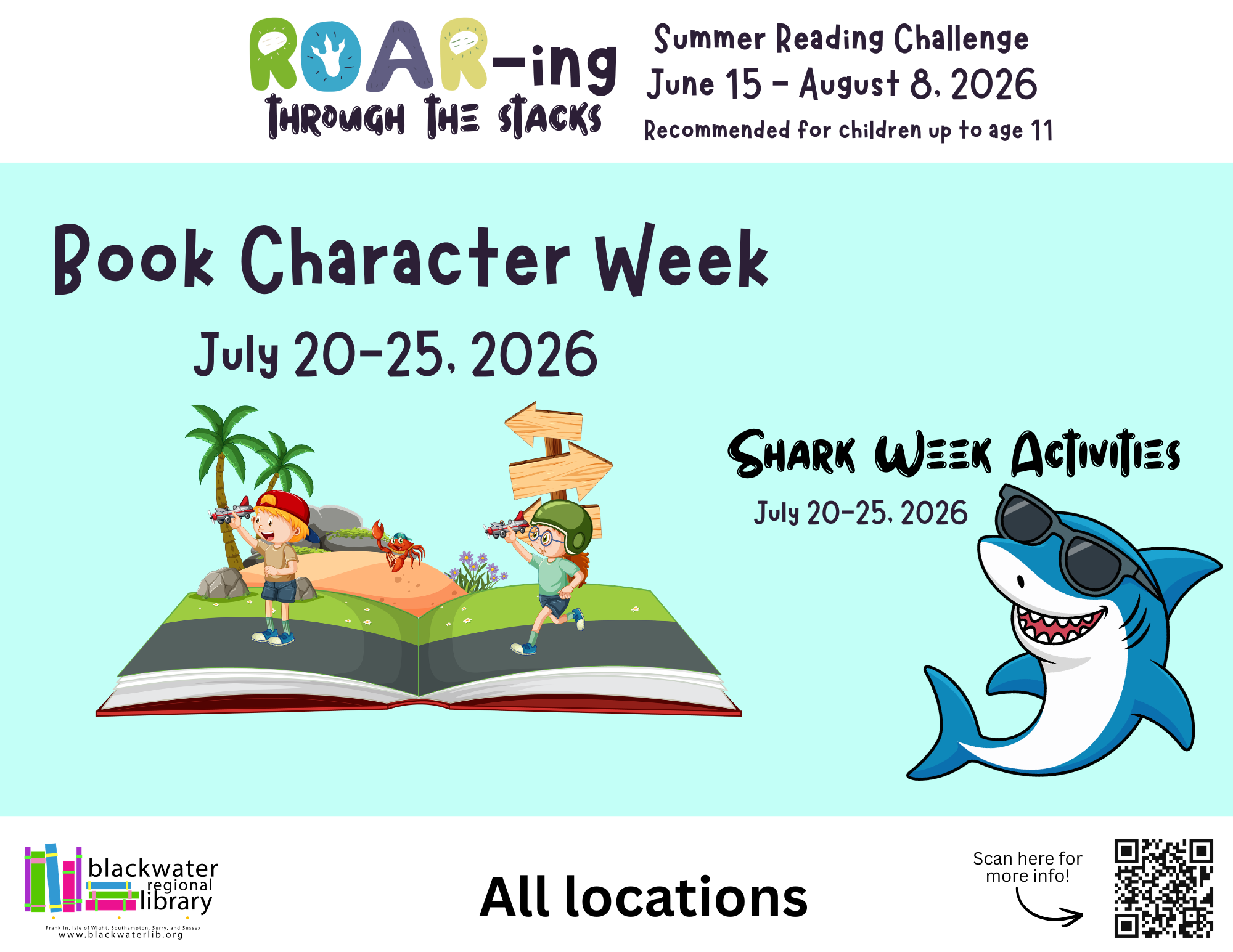 It's Book Character Week at BRL. Flyer has an open storybook with children pretending to be pirates.