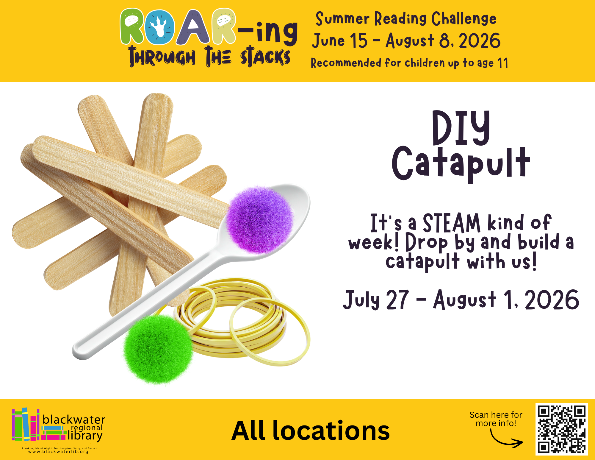 Flyer shows a plastic spoon, rubber bands, craft sticks and craft pom poms used to build a catapult.