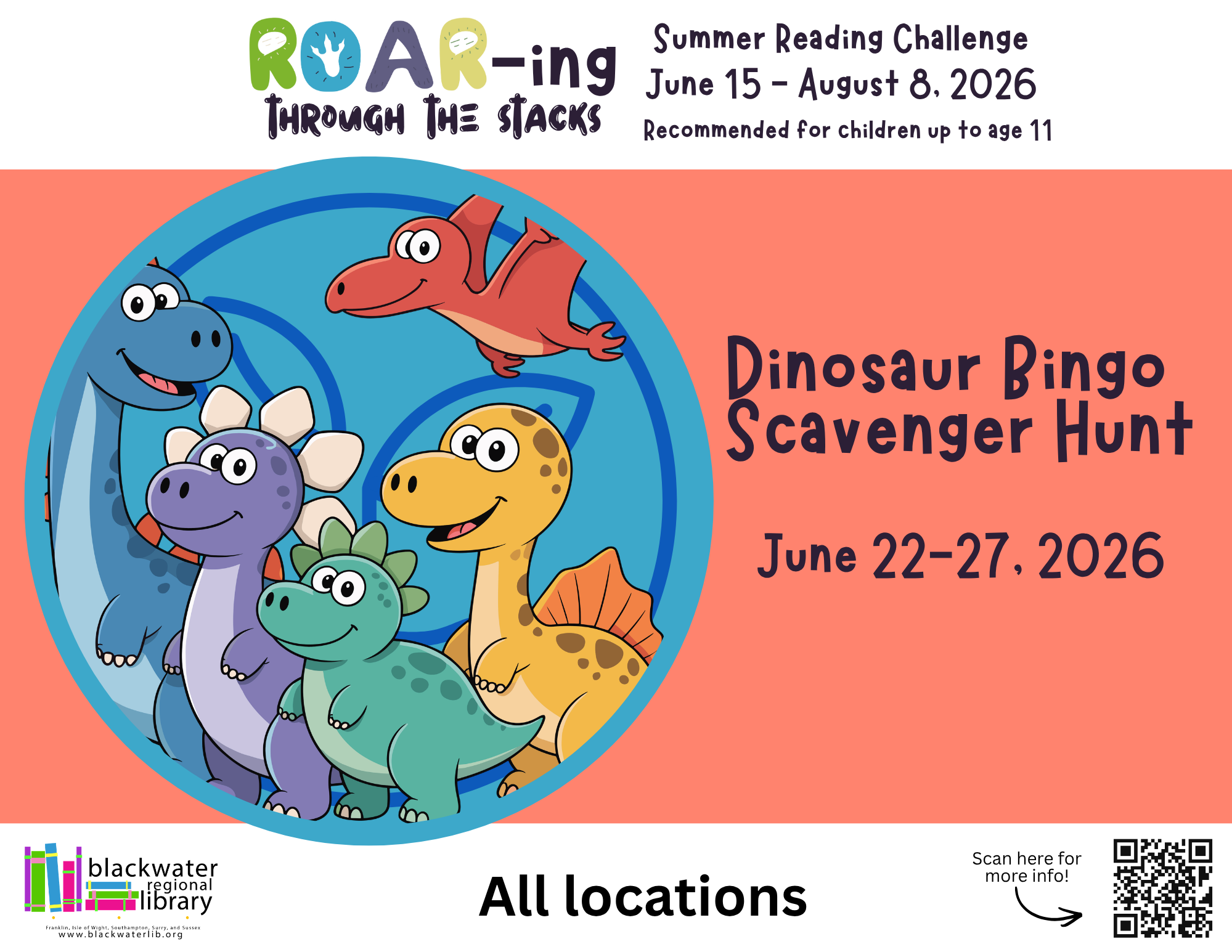 Summer Reading Challenge flyer featuring colorful dinosaurs and BINGO Scavenger Hunt information