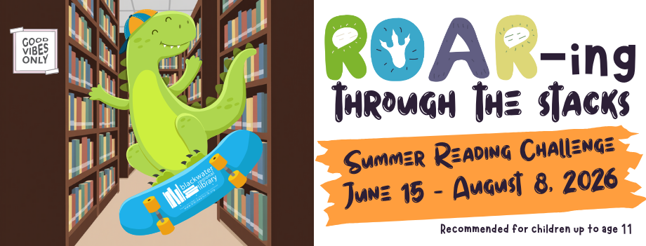 Roaring Through the Stacks summer banner featuring a green dinosaur skateboarding through the library